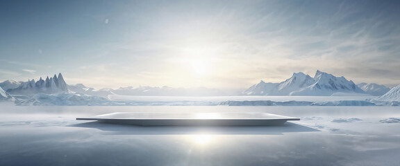 Ice background podium cold winter snow product platform floor frozen mountain iceberg. Podium glacier cool ice background stage landscape display icy stand 3d water nature pedestal arctic concept cave