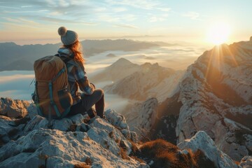 Fototapeta premium Hipster girl enjoys sunset on foggy mountain peak in Spain.