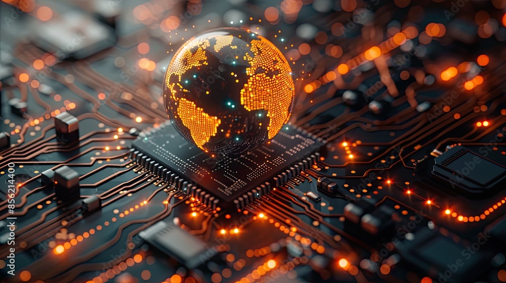 Poster global network a glowing digital globe rests on a futuristic circuit board with orange lights, symbo