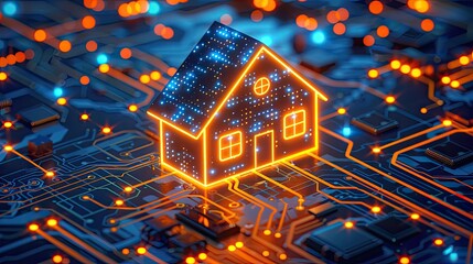 Glowing Smart Home A glowing digital smart home icon against a circuit board background, representing the integration of technology into modern homes