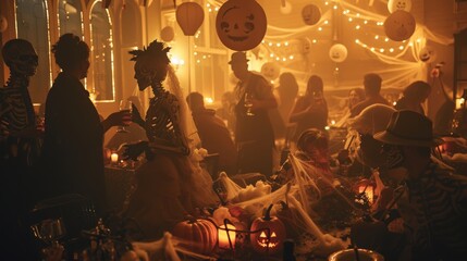 Spooky Halloween Party with Skeleton Costumes and Ghost Decorations in a Dimly Lit Room