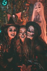 Fototapeta premium Halloween Photo Booth Fun with Friends in Spooky Costumes and Festive Decorations
