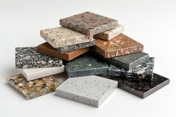 A variety of granite and marble stone slabs are stacked together.