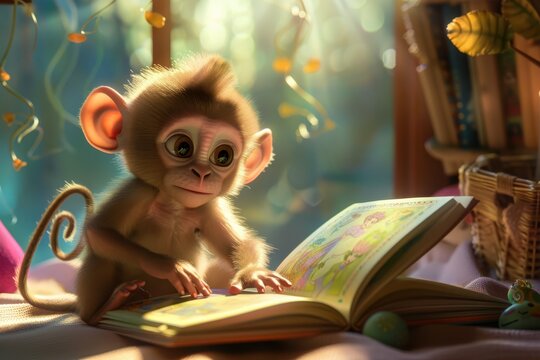 a little monkey is reading a book in a room