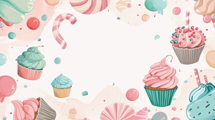 vector illustration of a colorful background with cupcakes and candy