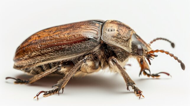 Close up image of a chafer beetle against a white background