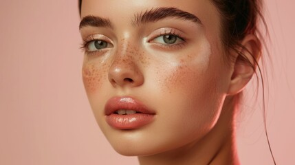 A close-up of a woman with a soft glowing complexion featuring rosy cheeks full lips and striking green eyes set against a soft pink background.