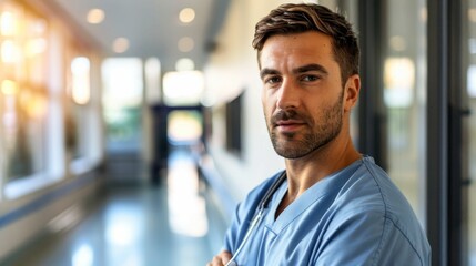Obraz premium A man in a blue medical uniform with a stethoscope around his neck standing in a well-lit hospital corridor with a thoughtful expression.