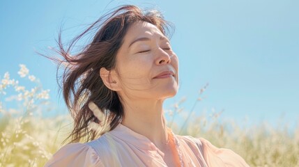 A woman with closed eyes enjoying the breeze in a field of tall grass under a clear blue sky.
