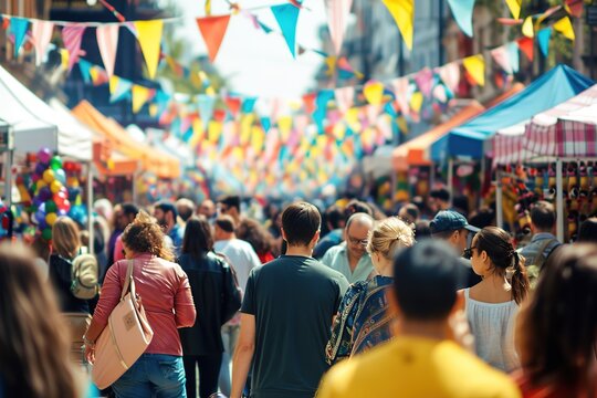 Bustling street market with colorful flags and diverse crowd