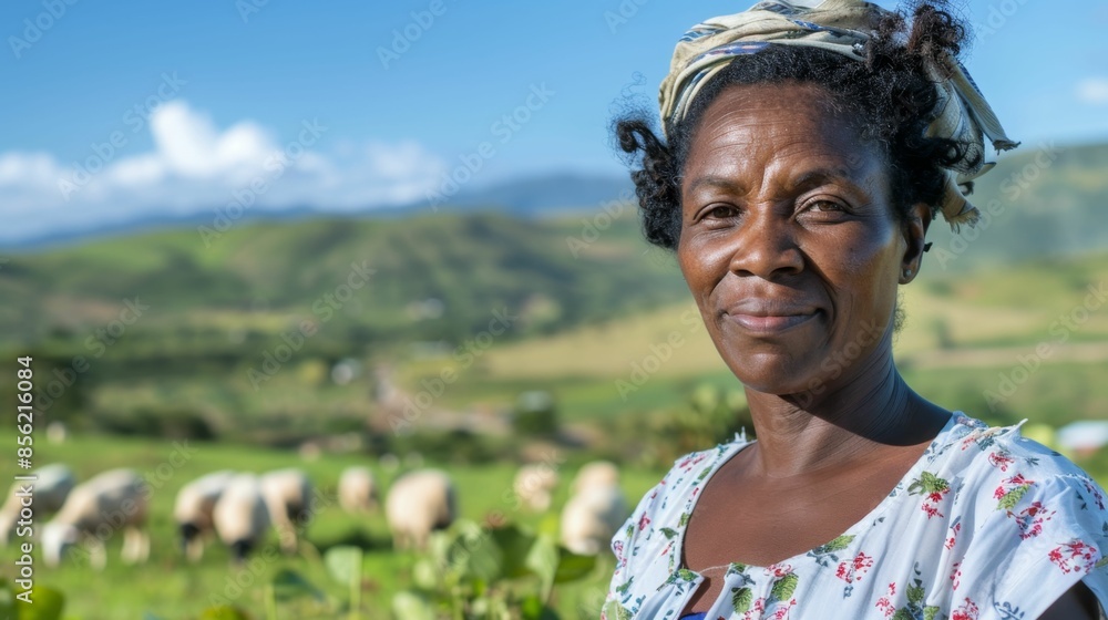 Sticker A smiling woman with curly hair wearing a floral blouse standing in a lush green field with grazing sheep in the background under a clear blue sky with distant mountains.