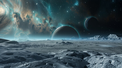 A realistic view from the surface of a nearly colorless, low-saturation planet with a slightly horizontal perspective. The ground is relatively smooth, composed of various shades o