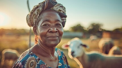A smiling elderly woman in a colorful headscarf and dress standing amidst a flock of sheep in a rural setting with a warm sunset in the background.