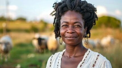 A smiling woman with curly hair wearing a white blouse standing in a field with grazing sheep in...