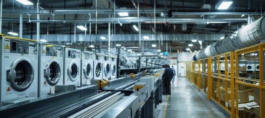 Fototapeta premium Industrial Laundry Facility with Large Washing Machines and Conveyor Belts for Efficient Textile Management