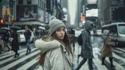 Obraz premium woman in gray hat walks on crowded street, back view 