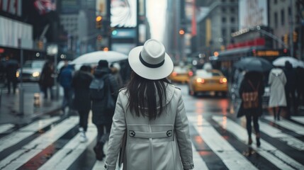 woman in gray hat walks on crowded street, back view
