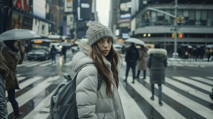 Fototapeta premium woman in gray hat walks on crowded street, back view 