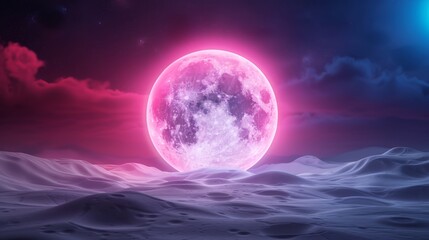 Detailed 3D round sign carving of a sci-fi alien planet, featuring a huge moon, dark blue and pink sky, epic distant horizon, fantasy concept art