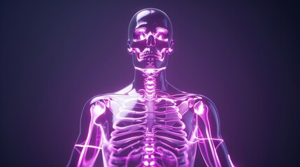 Detailed body scan, human silhouette with highlighted internal anatomy on a dark purple background, neon-lit bones and organs, futuristic medical technology, high precision