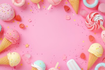 various ice cream and candy items on a pink background