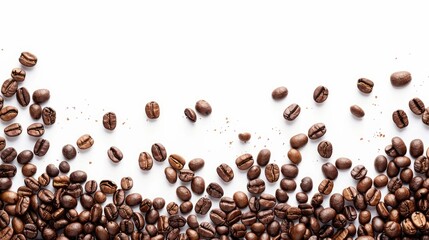 Obraz premium Coffee beans in a designated spot for text on a white background from a top perspective