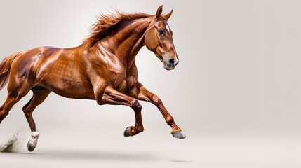 Obraz premium Dynamic image of a horse galloping, captured mid-stride with muscles tensed, mane and tail flying, isolated on a light background