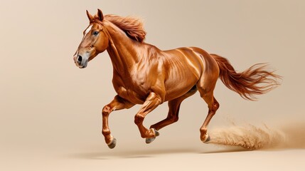 Fototapeta premium Dynamic image of a horse galloping, captured mid-stride with muscles tensed, mane and tail flying, isolated on a light background