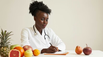 A young African-American nutritionist in a white coat sits at a modern table, writing a recipe, with fresh fruit lying nearby on a white background.