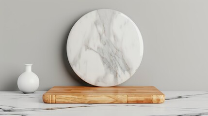 Empty kitchen podium on a wooden platform, marble and wood background for a clean, professional look. Ideal for restaurant or home kitchen product presentations