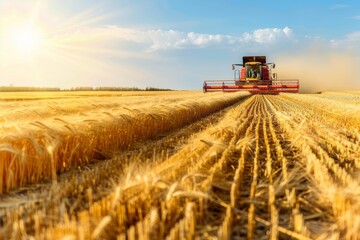 Obraz premium Farmers Harvesting Grain in Golden Fields Under Bright Summer Sunshine