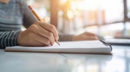 Individual takes notes with pencil in notebook blank area