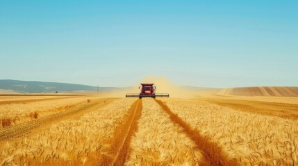 Farmers Harvesting Wheat Fields with Modern Machinery Under Clear Blue Sky in Russia