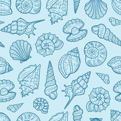 Dark blue monochromatic detailed seashell line art on an aqua background. Seamless repeated surface vector pattern design.
