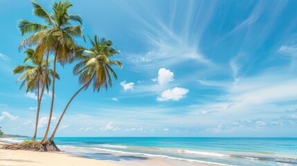 Palm trees on beautiful tropical beach with blue sky with white clouds, copy space of summer vacation and business travel concept background