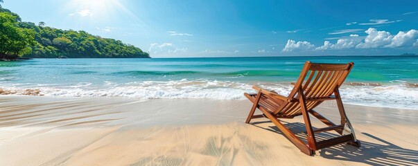 Photo of wooden deck chair at tropical beach with breathtaking nature background, professional photo, contrast colors, copy space, advertising shoot