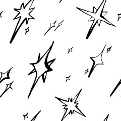 Stars seamless pattern, black and white line art, whimsical shapes, hand drawn vector illustration