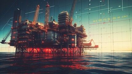 stock market charts with a offshore oil platform in the background,