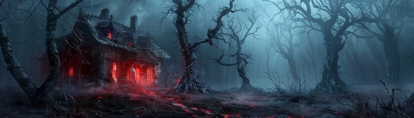 Haunted house with an eerie red glow and twisted trees