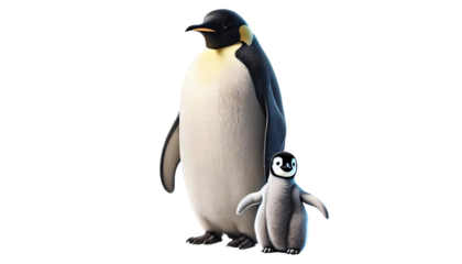 A emperor penguin standing next to a baby penguin on a transparent background