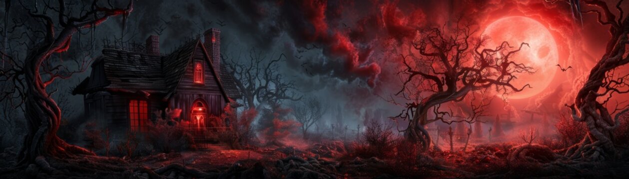 Haunted house with an eerie red glow and twisted trees