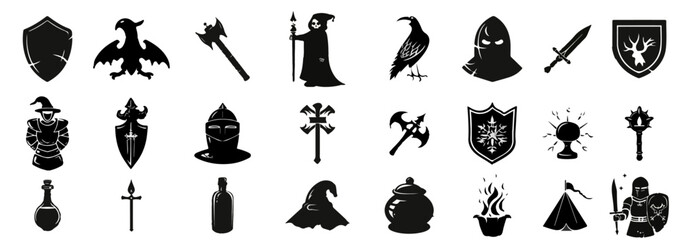 Game fantasy icon set, vector magic dungeon dragon RPG sign, medieval warrior avatar, fairytale sign. Knight battle sword, armour helmet, power weapon, witch hat, potion cauldron. Fantasy icon kit © Oksana Kalashnykova