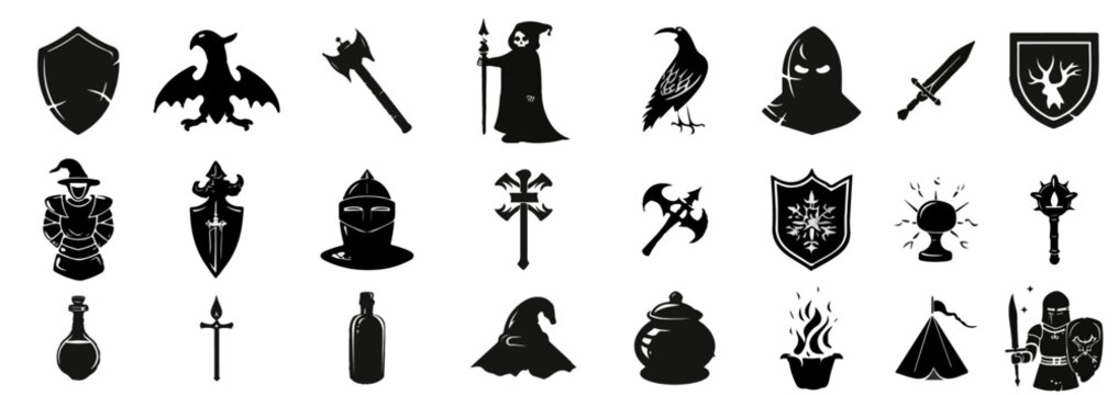 Game fantasy icon set, vector magic dungeon dragon RPG sign, medieval warrior avatar, fairytale sign. Knight battle sword, armour helmet, power weapon, witch hat, potion cauldron. Fantasy icon kit