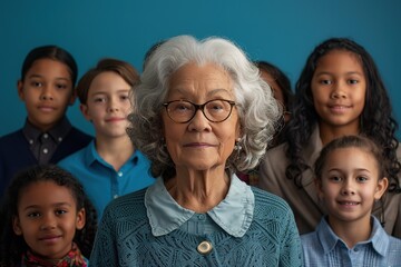 Obraz premium Elderly lady with glasses, surrounded by diverse grandchildren.