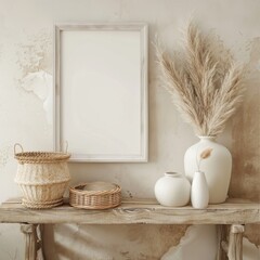 white mockup frame on rustic shelf, wicker basket, pampas grass, beige wall, wooden console table 3D render