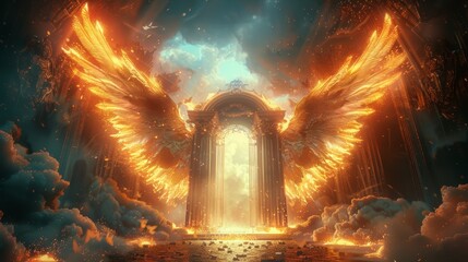 Obraz premium Glowing angel wings flanking a heavenly gate