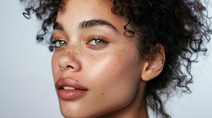 A close-up portrait of a young woman with curly hair freckles and a soft glowing complexion featuring a subtle makeup look with defined eyebrows eyelashes and a natural lip color.