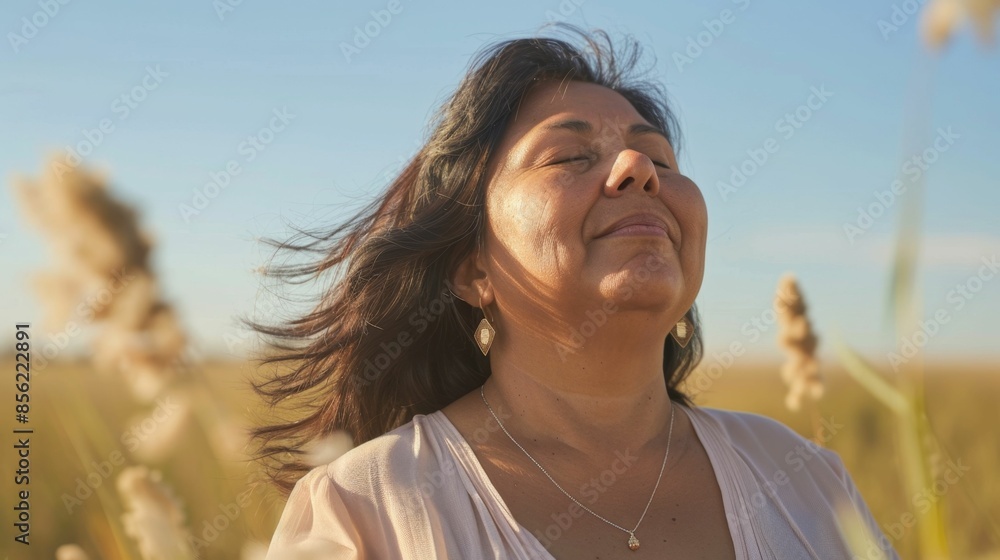 Wall mural A woman with closed eyes standing in a field of tall grass wearing a white top and a necklace with her hair blowing in the wind. - Wall murals