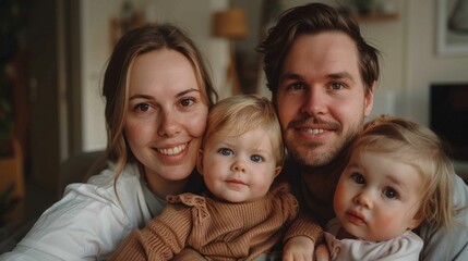 Obraz premium A family of four with a man and woman smiling at the camera holding two young children one in each arm in a cozy indoor setting.