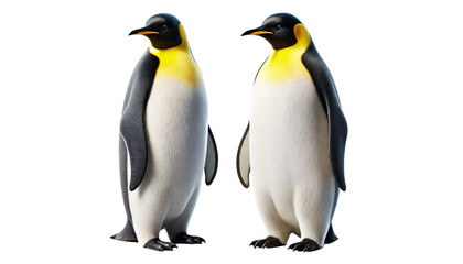 Two Emperor penguins, one standing upright and the other bending down, on a transparent background